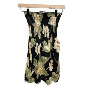 Vintage Black & White Hawaiian Aloha Print Smocked Babydoll Top One Size